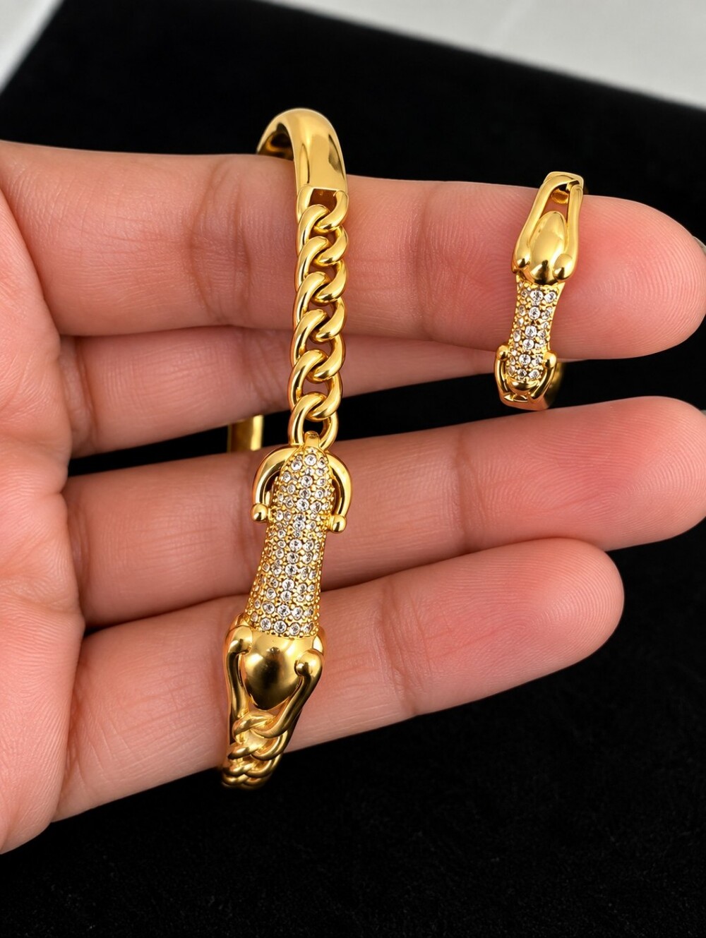 22kgp Dubai Jewelry- Gold Chain Bracelet with Rhinestone Accents & Matching Ring